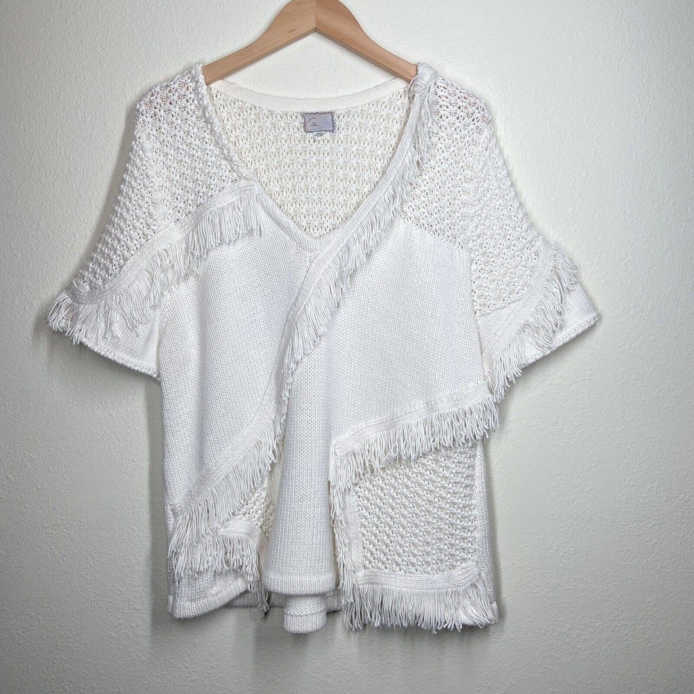 Anthropologie White Fringe Knit Scoop-Neck Sweater